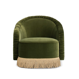 Serena 31.5" Ruched Barrel Back Accent Arm Chair with Bullion Fringe, Olive