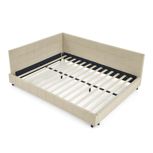 Mid-Century Storage Upholstered Tufted Bed Frame with Backrest and Armrests