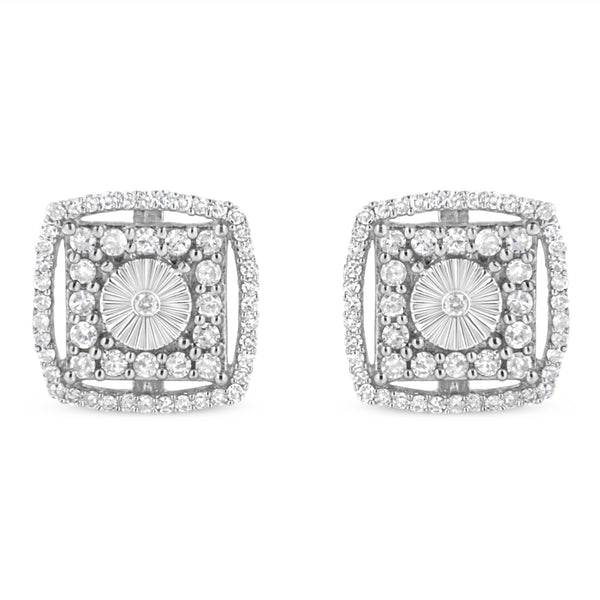 .925 Sterling Silver 1.0 Cttw Round Diamond Double Halo and Disc Stud Earring (I-J Color, I2-I3 Clarity)