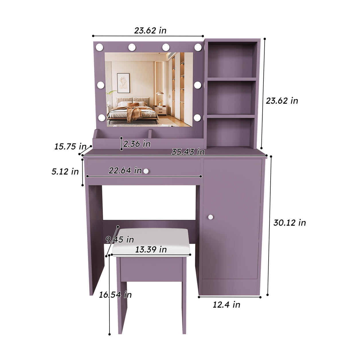 Stylish Vanity Desk Set with Padded Stool & Adjustable Lighted Mirror