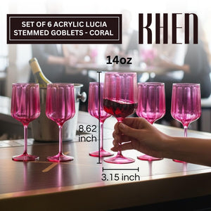 Khen Acrylic Lucia Stemmed Goblets -  Set of 6 |14oz | Coral