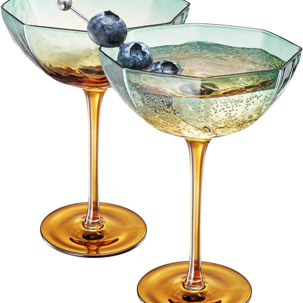 Khen Hexagonal Coupe Glasses Elegant Break Resistant Modern Barware Acrylic Drinkware Set - Set of 2 Teal + Brown
