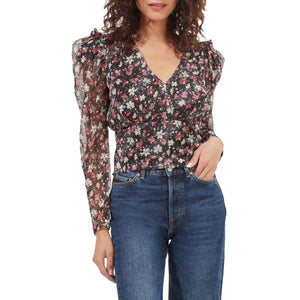 ASTR the Label Womens Beverly Metallic Floral Print Blouse Black S