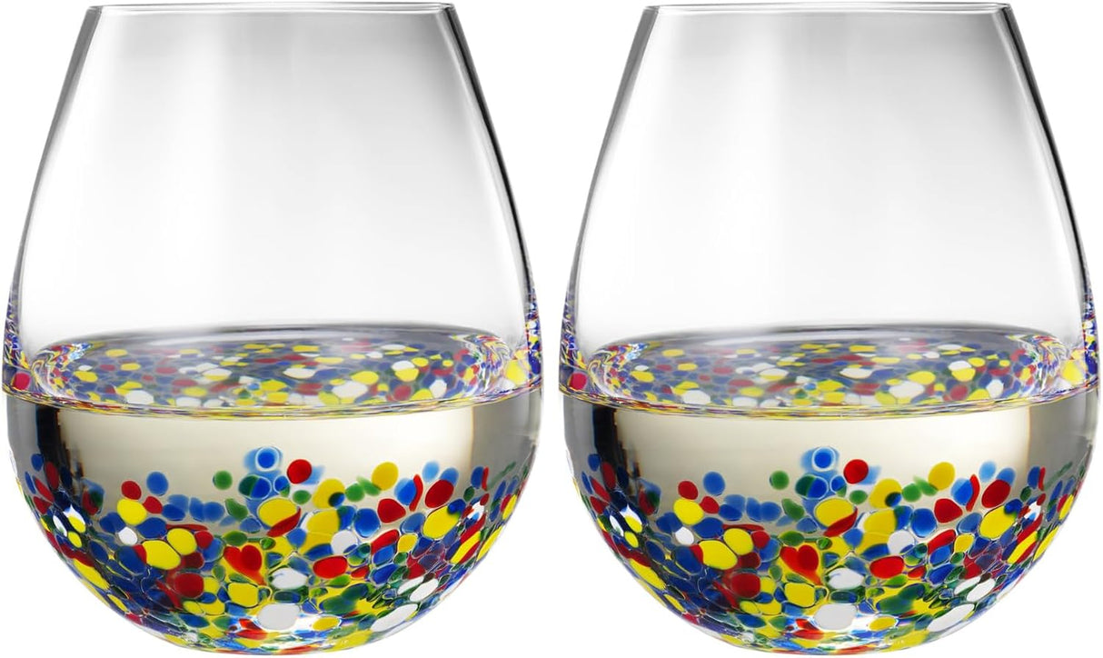 The Wine Savant Mexican Wine Glasses Hand Blown Confetti Rock Artistic Break Resistant Glass Drinkware - Clear