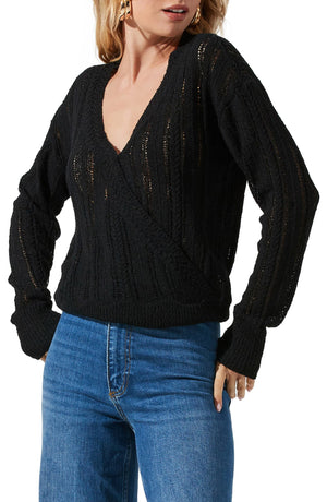 ASTR the Label Wrap Front Pointelle Sweater - Black