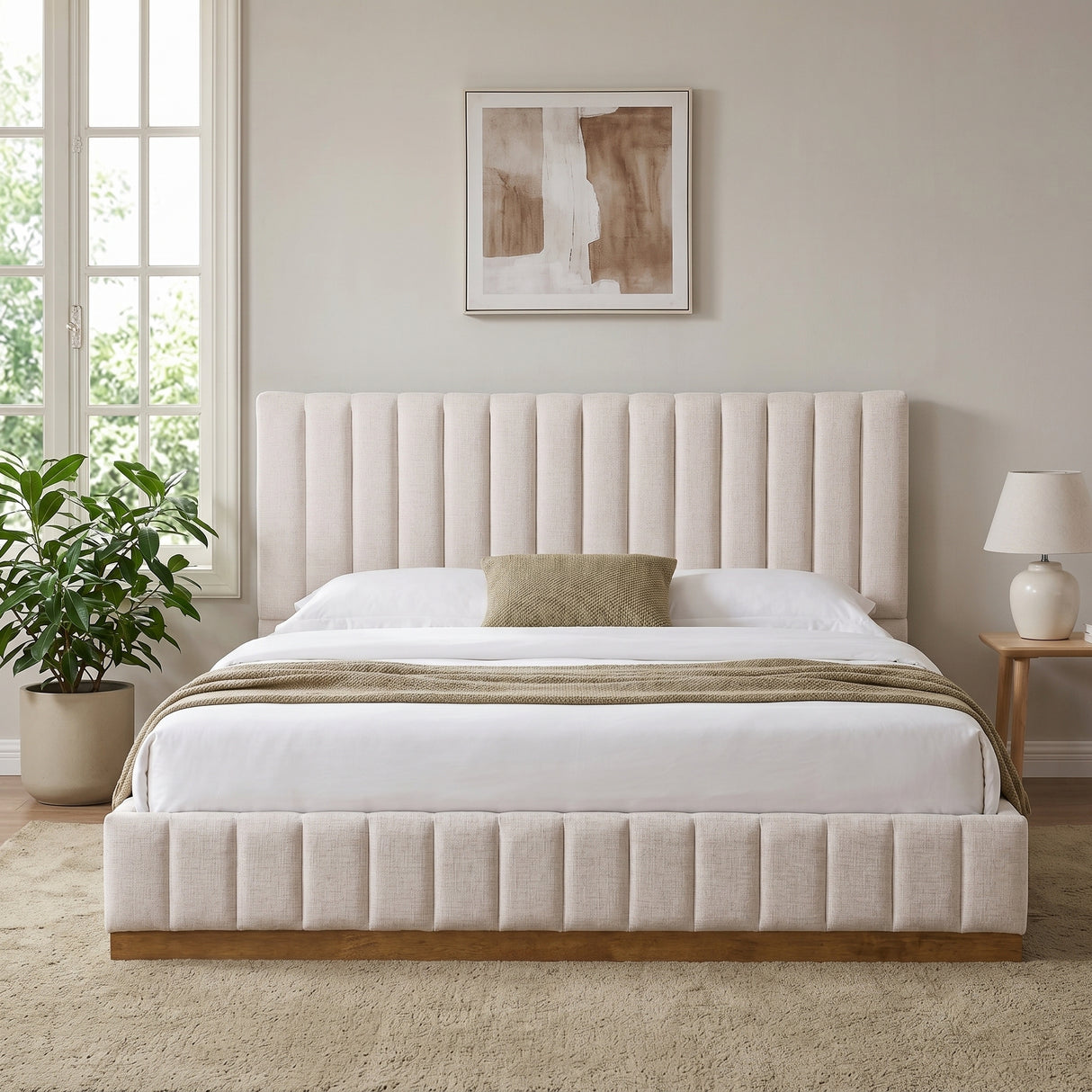 King Size Bed Frame With Linen Upholstery and Solid Wood Base