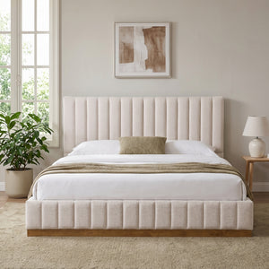 King Size Bed Frame With Linen Upholstery and Solid Wood Base