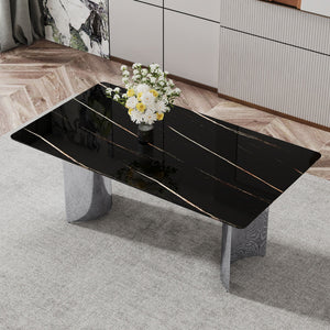 Modern Minimalist Dining Table with Imitation Marble Glass Top and Metal Legs