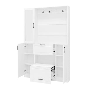 Entryway Bench With Integrated Shoe Cabinet, 3 In 1 Design And Mirrored Cabinet Door, Hall Tree With 4 Sturdy Hooks And Foldable Seat For Entrance, Living Room - White