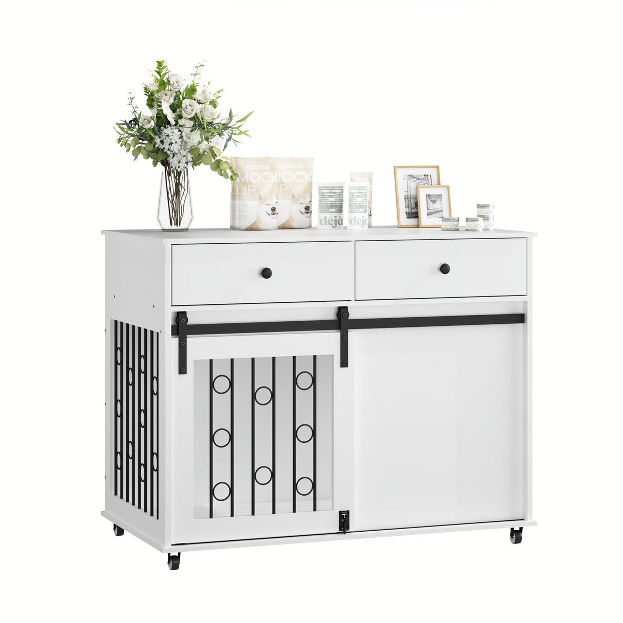 Dog Crate Furniture With Double Drawers And Sliding Barn Door, Pet Kennel For Small To Medium Dogs - White