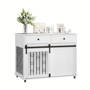 Dog Crate Furniture With Double Drawers And Sliding Barn Door, Pet Kennel For Small To Medium Dogs - White