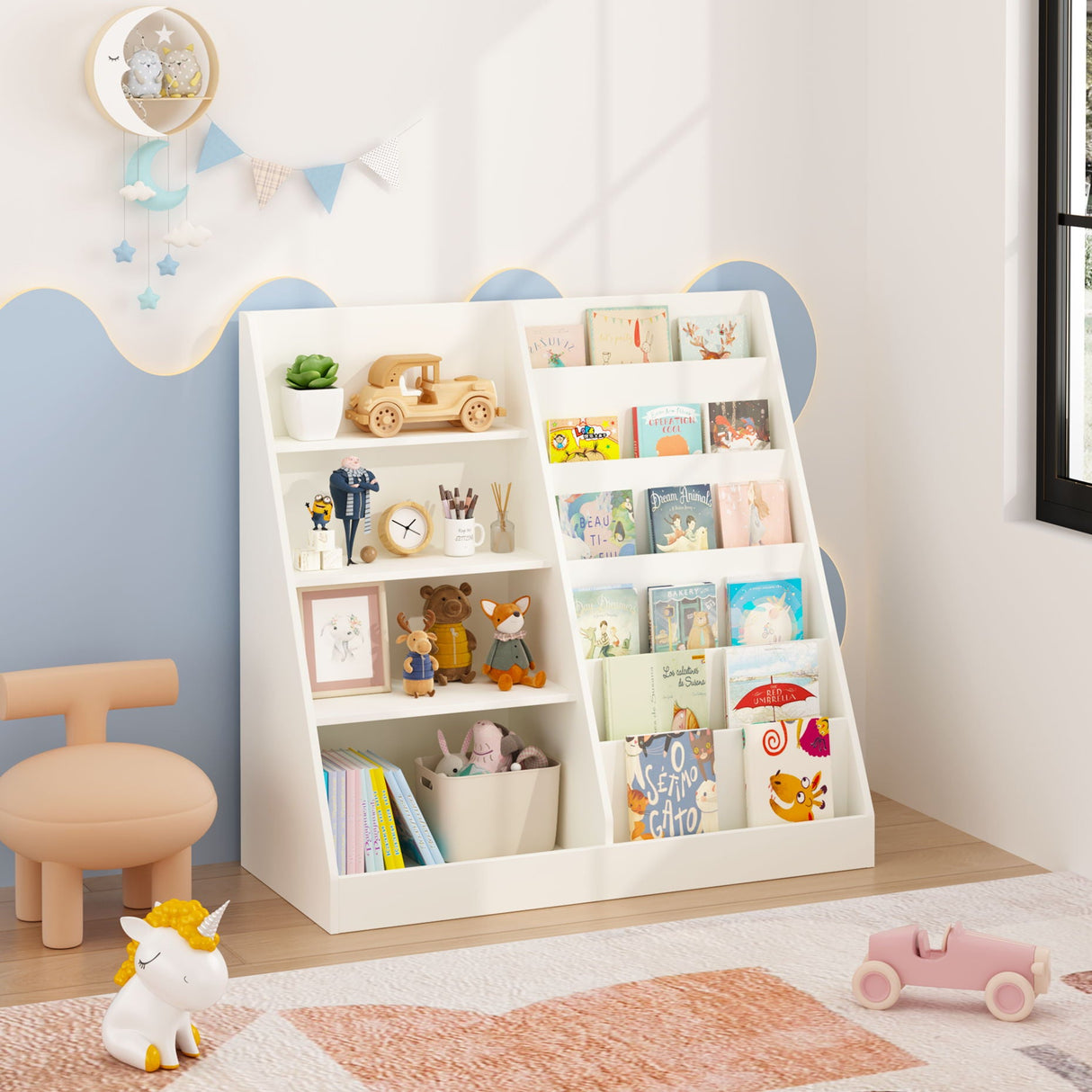 Bookshelf and Toy Storage Organizer, 4 Tier Bookcase with Display Stand for Playroom