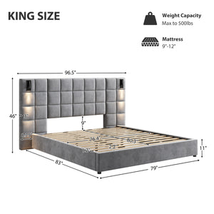 King Size Upholstered Bed Frame with Wall Sconce and USB Port