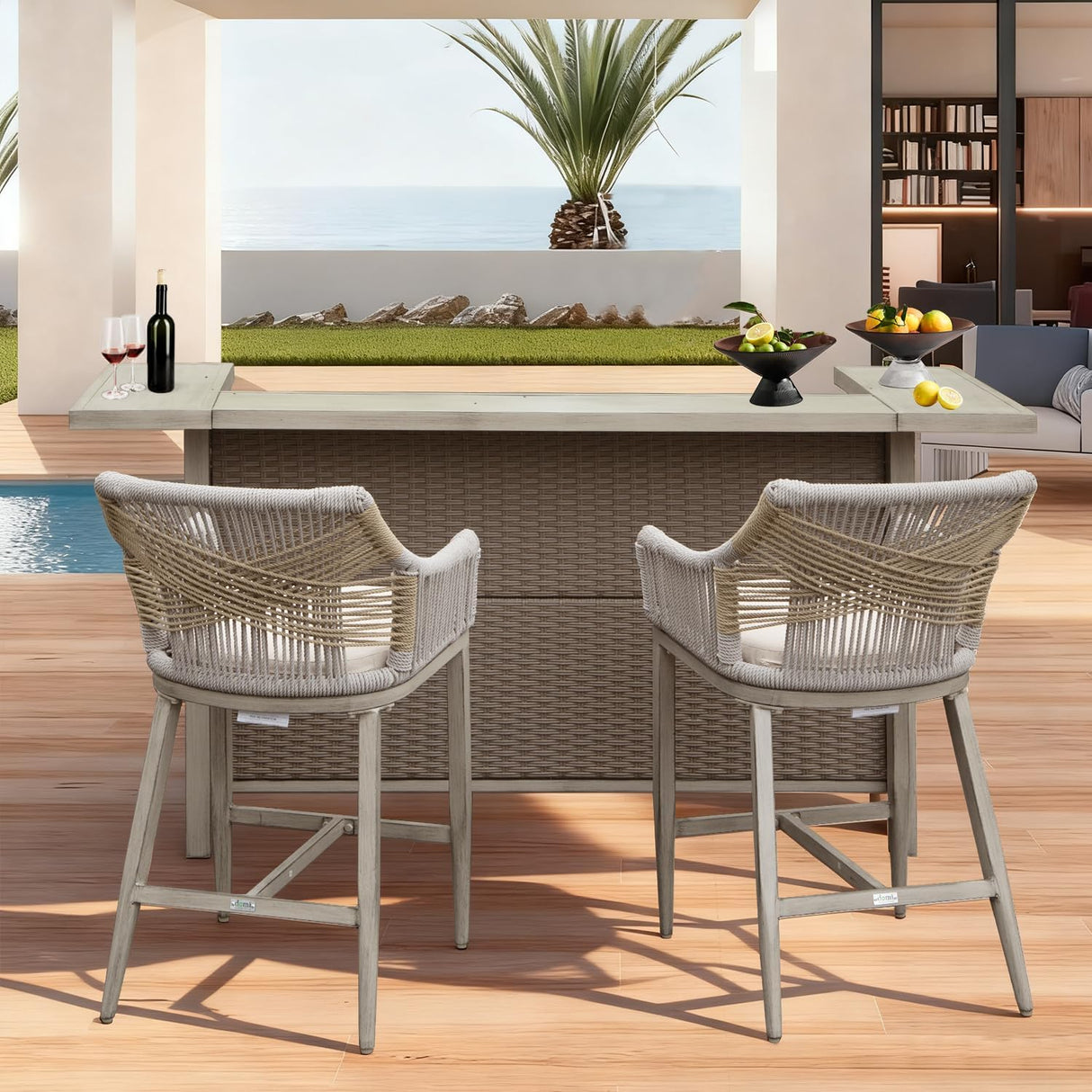 Outdoor Home Bar Unit Set of 3, All-Weather Wicker & Aluminum Frame