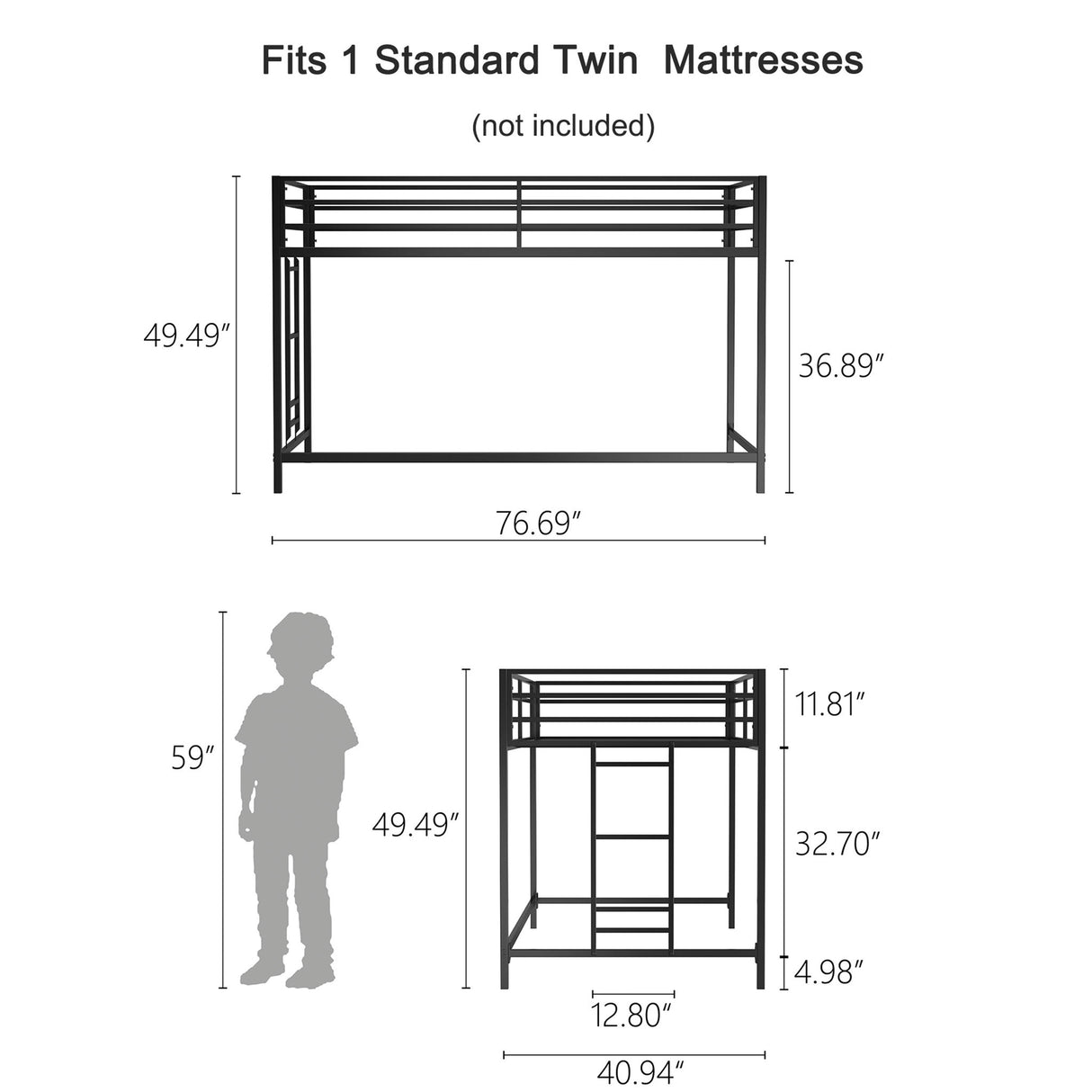 Adam - Twin Loft Bunk Bed With Cinnamon Wood Shelf - Black