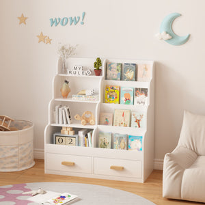 Bookshelf With 2 Storage Drawers, Front Facing Bookcase And Toy Organizer, Multi Tier Reading Shelf - White