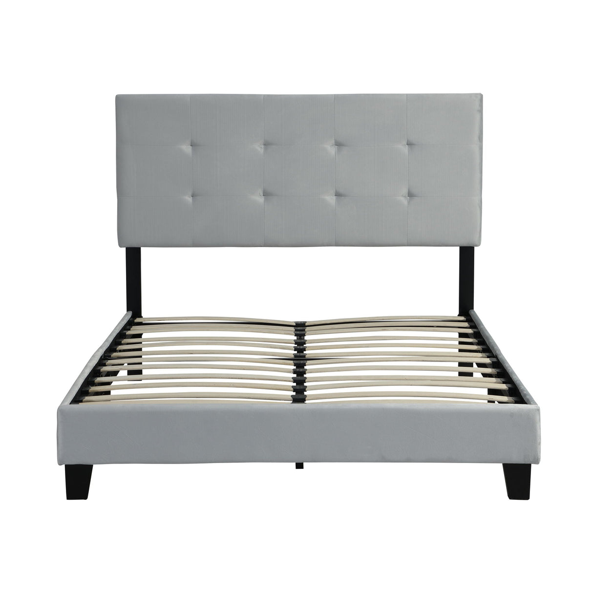 Full Size Upholstered Platform Bed Frame With Pull Point Tufted Headboard, Strong Wood Slat Support, Mattress Foundation, No Box Spring Needed - Gray
