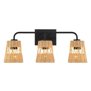 Moonlit - 3 Lights Wall Sconce With Shade, Bathroom Lighting Fixtures Over Mirror - Black / Rattan