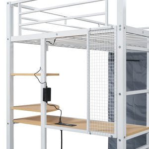 Loft Bed With Desk, Shelves, Power Outlet, LED Light And Wardrobe