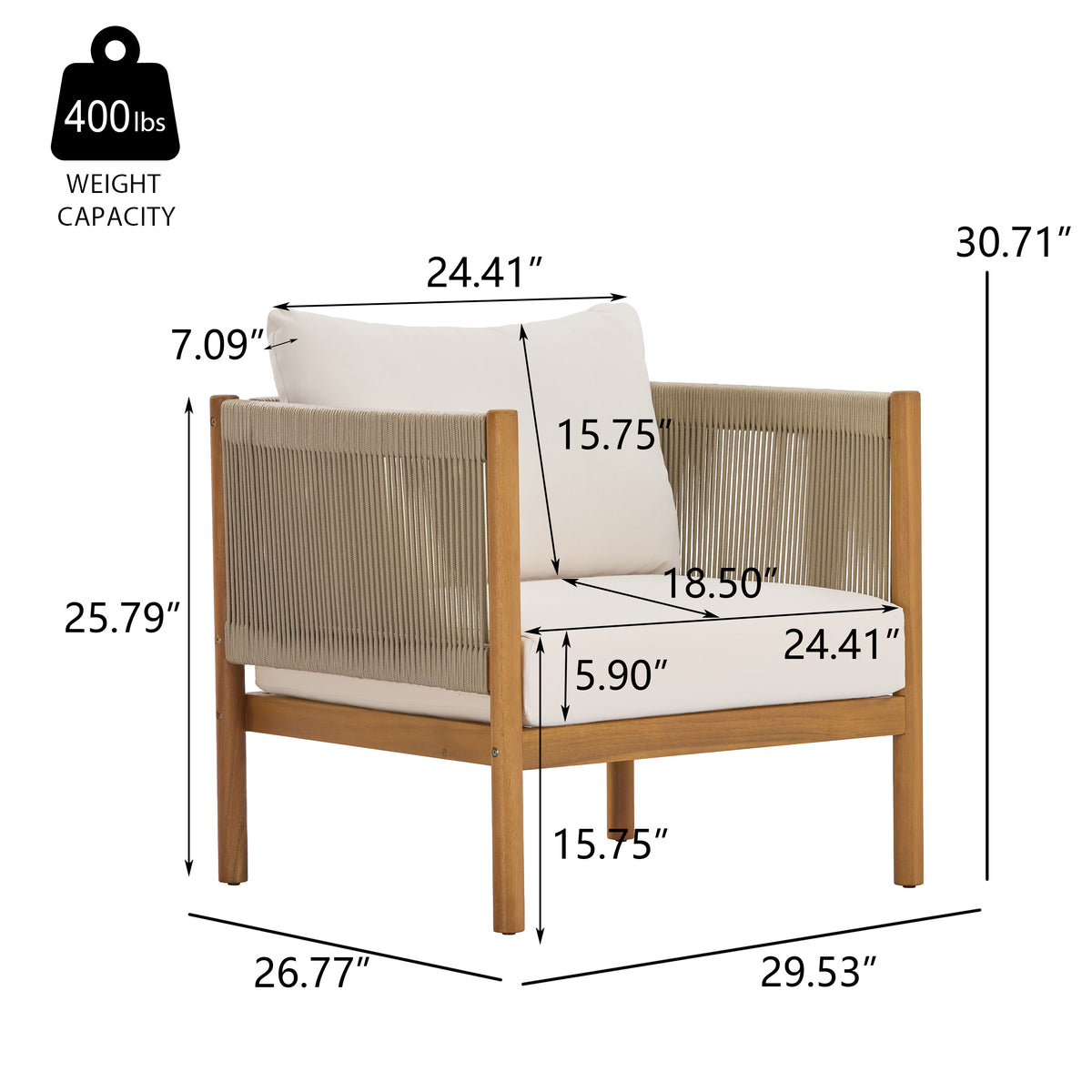Outdoor Club Chair Set of 2 with Acacia Wood Frame in Teak Look