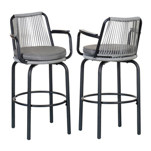 Outdoor Patio Bar Stools 29"H Set of 2, Modern Woven Rattan Rope Bar Height Chair