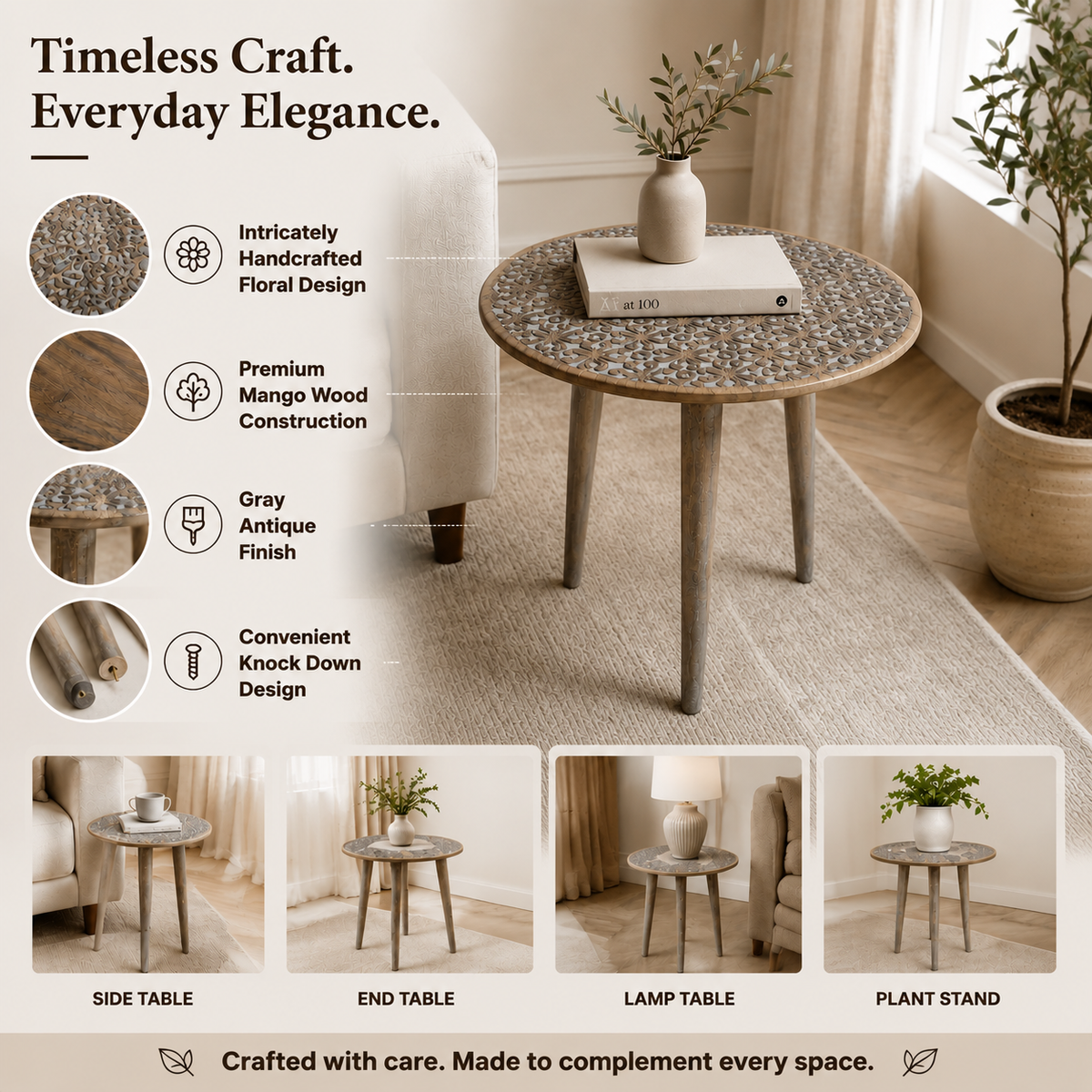 Handcrafted Mango Wood Round Accent Table
