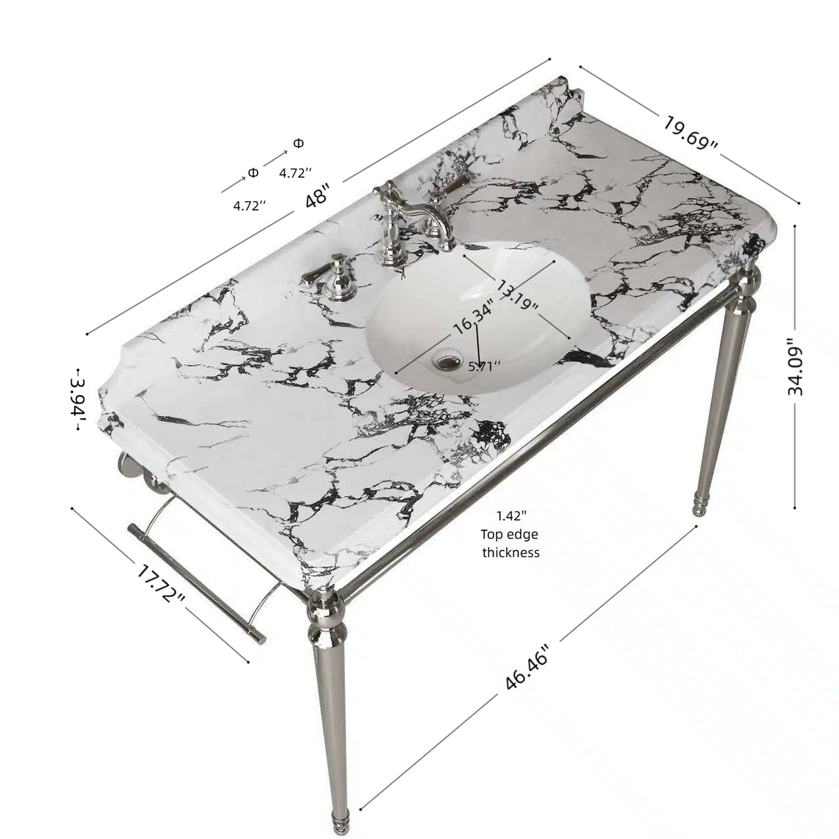 VICI 48" Bathroom Console Sink, Undermount Ceramic Vanity Basin & Panda