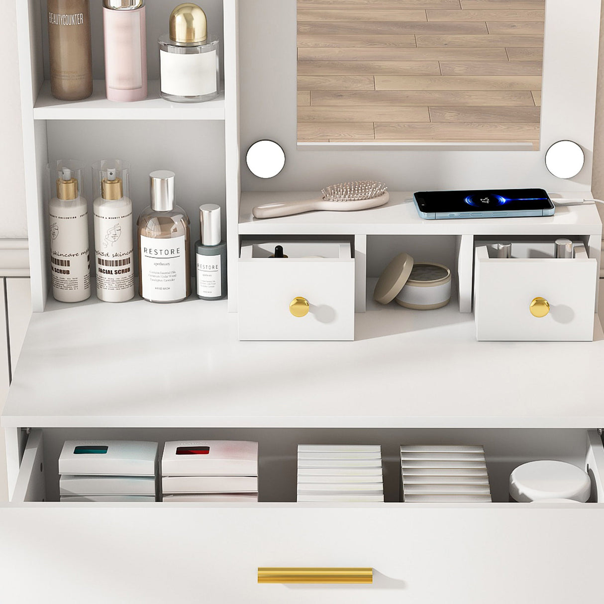 Vanity Table With Mirror, Adjustable LED Lights, Power Outlet, Hairdryer Holder & Stool