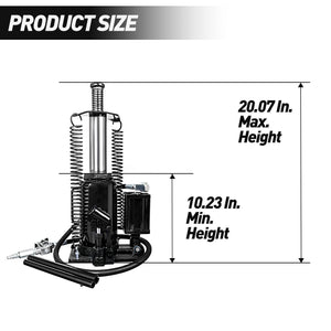 Air Hydraulic Bottle Jack, 20 Ton / 40000 Lbs Bottle Jack, 10.23-20.07-Inch Lifting Range, Manual Handle And Air Pump - Black