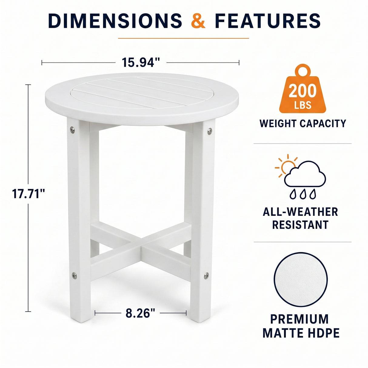 White HDPE Outdoor Side Table, 16 in. Round All-Weather Patio End Table