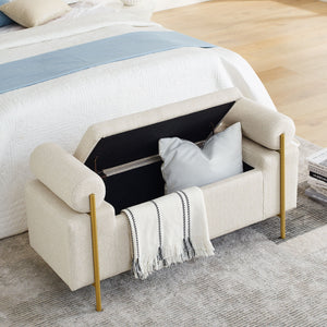 Elegant Upholstered Storage Bench With Cylindrical Arms And Iron Legs,