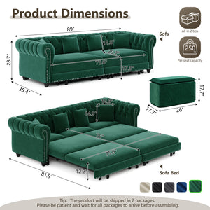 Chesterfield 3-in-1 Pull-Out Sofa Bed - Green