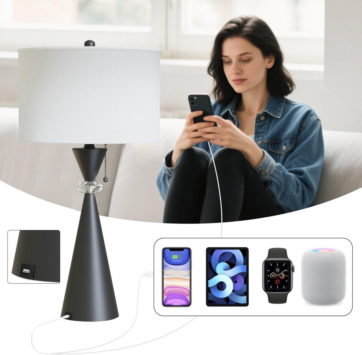 28-Inch Modern Table Lamps Set of 2, Bedside Lamps with USB Charging Ports, Black