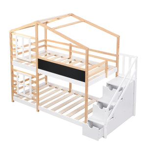 Twin Over Twin Bunk Bed House Bed With Roof and Storage