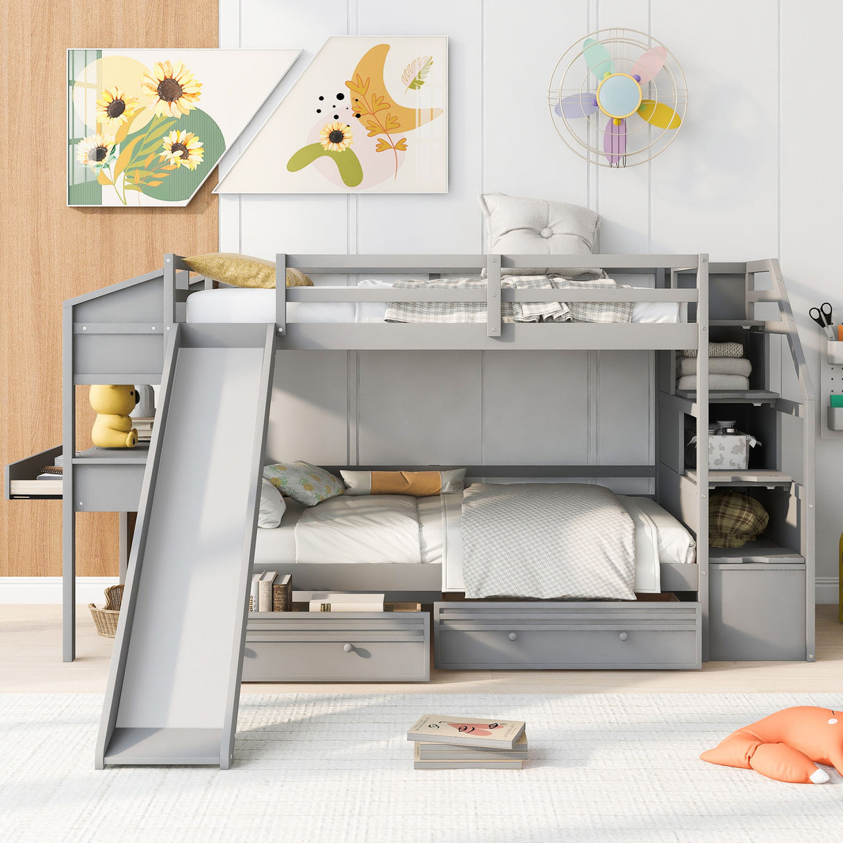 Bunk Bed With Storage Staircase, Slide, Desk, Drawers, And Shelves