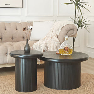 Fluted Cylinder Side Tables, Round End Tables For Living Room (Set of 2) - Black