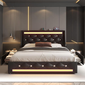 Wingback Upholstered Bed Frame With LED Lights, Charging Station