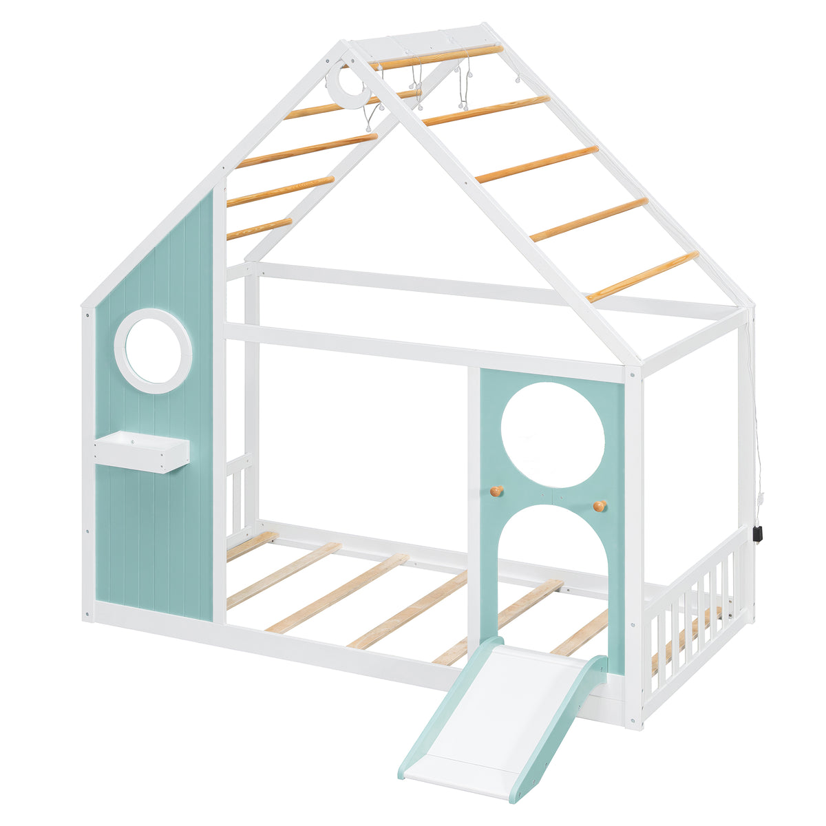 Twin House Bed with Slide, Ball Light Strip, Wooden Playhouse Design