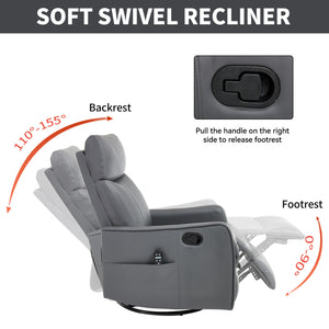 Grey Faux Leather Heat Massage Manual Recliner Chair with Rocker and Swivel