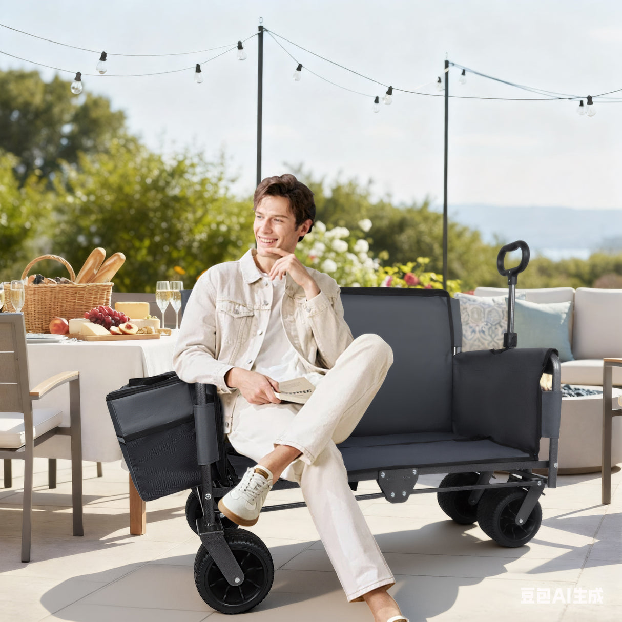 3-in-1 Folding Wagon Cart with Bench Seat & Storage