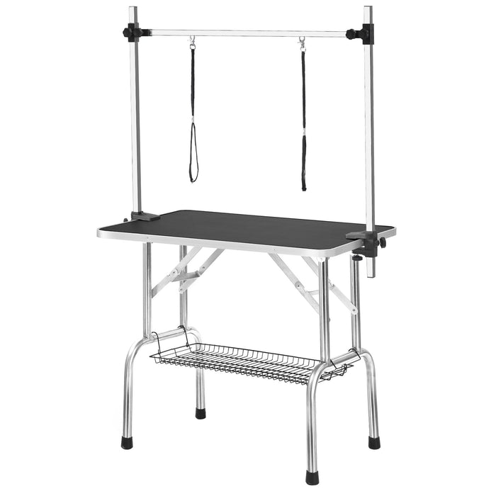 Adjustable Heavy Duty Dog Pet Grooming Table with Arm & Mesh Tray - Black