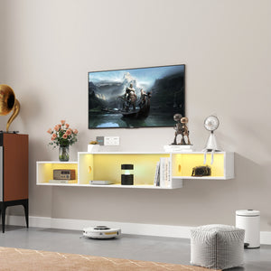 65.35in Wall Mounted Floating TV Stand with 20 Color LEDs and Charging Station