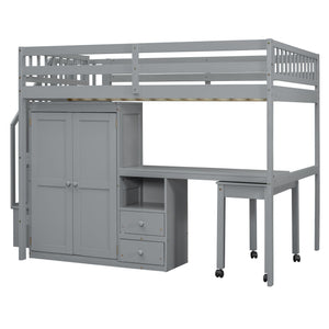 Loft Bed With Stairs, Bookshelf, Drawers, Desk & Wardrobe, Space Saving Multifunctional Furniture