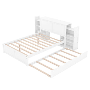 Storage Platform Bed With Pull Out Shelves And Trundle