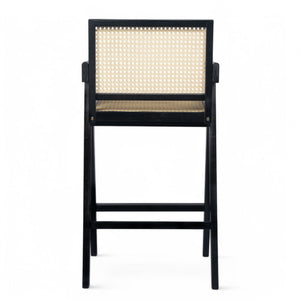 Modern Minimalist Bar Stool With Cane Seat - Black / Natural