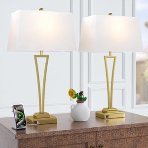 Gold Table Lamps Set of 2, 30.5-Inch Tall with USB Charging Ports