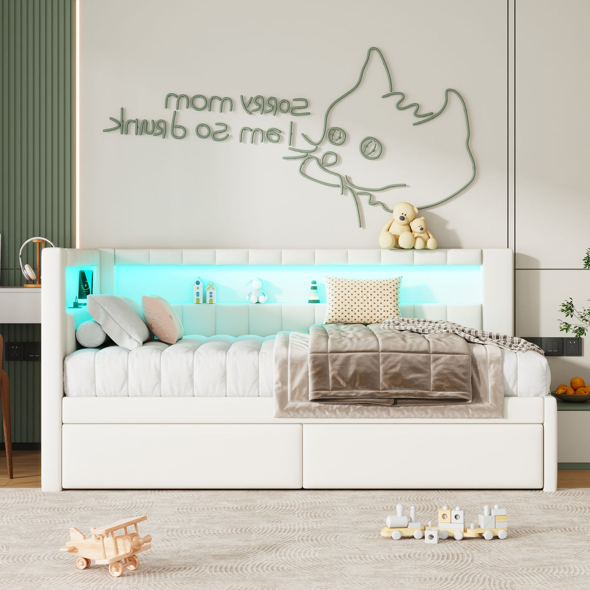 Upholstered Platform Bed With USB Ports And LED Belt