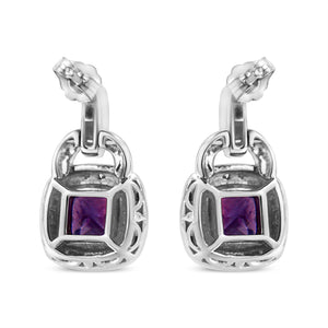 .925 Sterling Silver 8MM Natural Cushion Shaped Amethyst and Diamond Accent Halo with Push Back Dangle Earrings (I-J Color, I2-I3 Clarity)