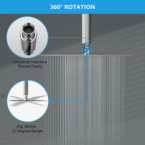 16" Square Rainfall Shower Head Fixed Wall Mount With Full Body Coverage & Self Cleaning Silicone Nozzles