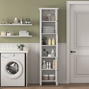 Wooden Bathroom Floor Storage Cabinet With 2 Doors And 6 Shelves - White